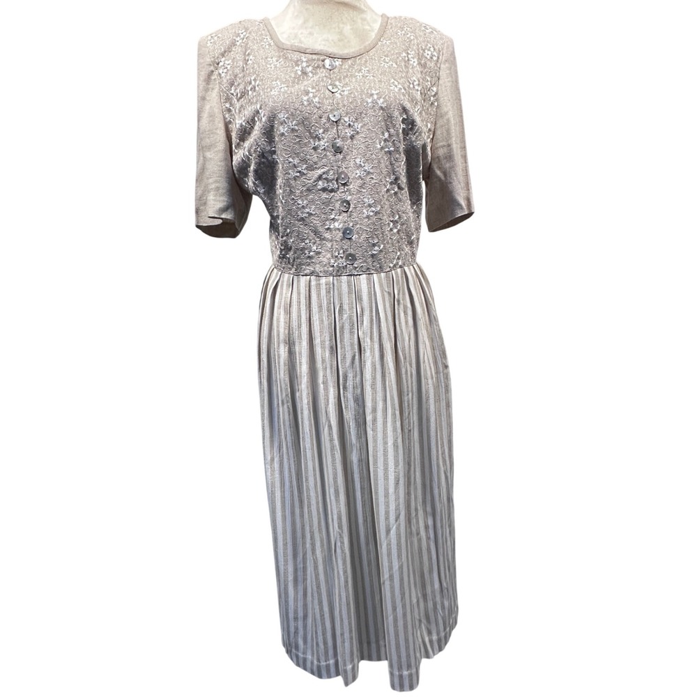 Vintage Plaza South Linen Blend Dress‎ Floral Embroidered Striped Midi Women's 8